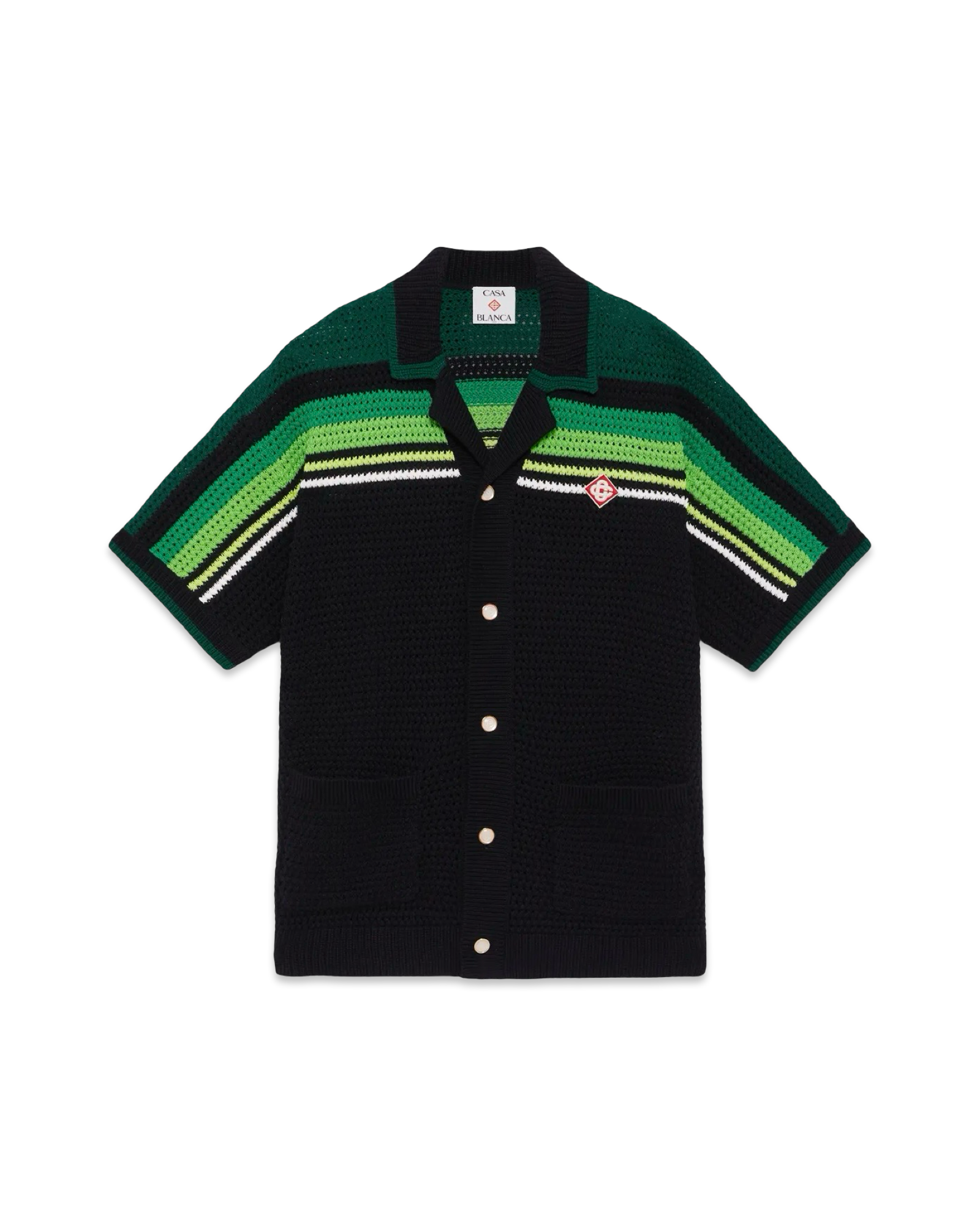 Casablanca Black & Green Striped Short Sleeve Crochet Shirt